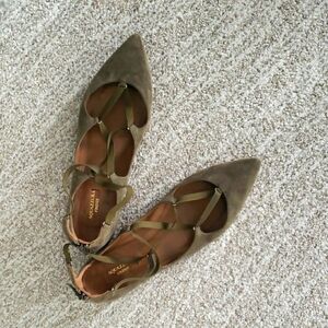 Like New, Chic Aquazzura Suede Olive Green Flats Elegant Elastic Lattice Design